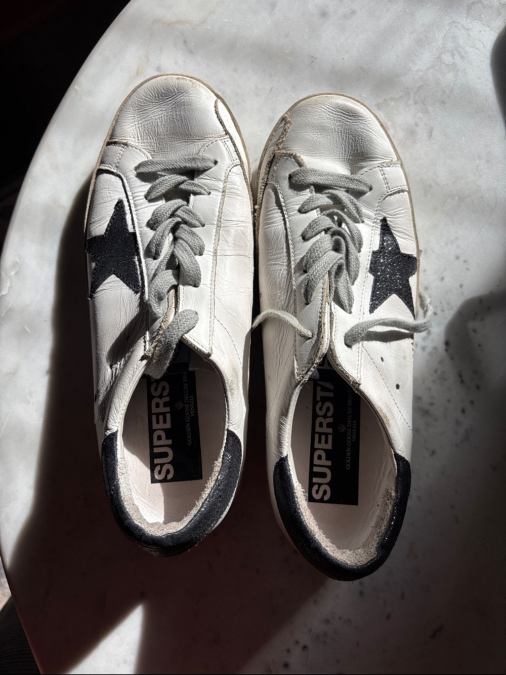 Golden Goose White Leather Sneakers with Black glitter Star Accent - Picture 4 of 5